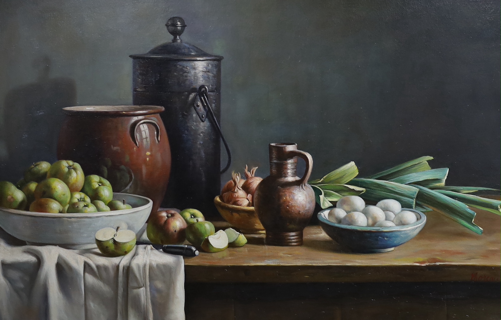 Nicholas Moreau (20th. C), oil on canvas, Still life of vessels, signed, 58 x 88cm